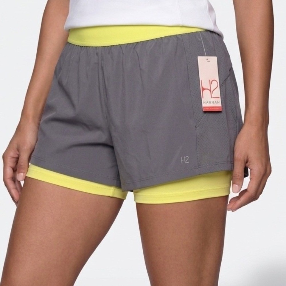 Hannah H2 Performance Shorts Women XL Grey Citron Layered Running Athletic New